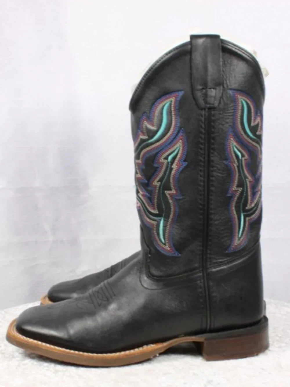 Suyanne Men's 5D Black Leather Western Cowboy Boots Embroidered Square Toe